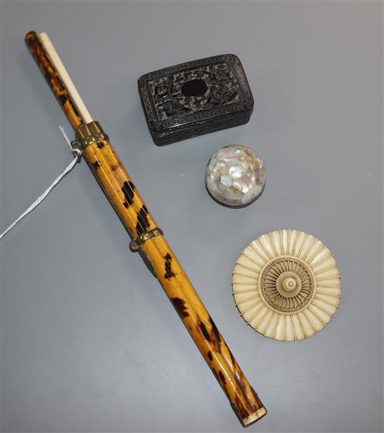 A Chinese tortoiseshell snuff box, a pair of chopsticks, mother-of-pearl ojime and an ivory parasol section